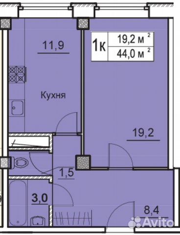 1-к квартира, 44 м², 4/5 эт.