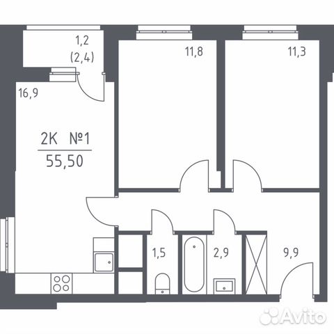 2-к квартира, 55.5 м², 26/32 эт.