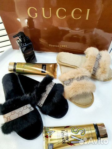 Новые меховые домашние тапочки Gucci Гуччи Новые меховые домашние тапочки Gucci Гуччи