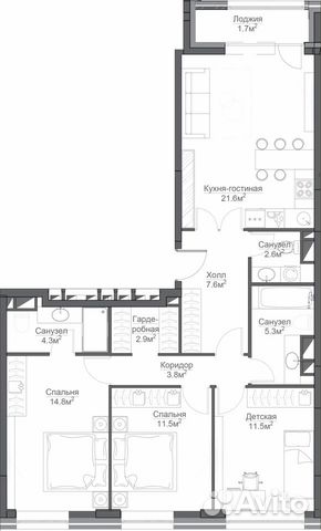 3-к квартира, 91.6 м², 7/19 эт. 3-к квартира, 91.6 м², 7/19 эт.