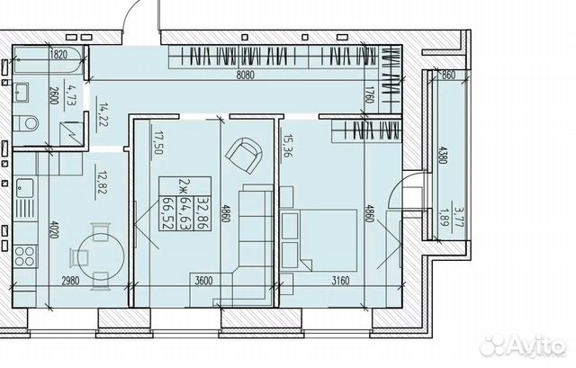 2-к квартира, 65 м², 2/5 эт.