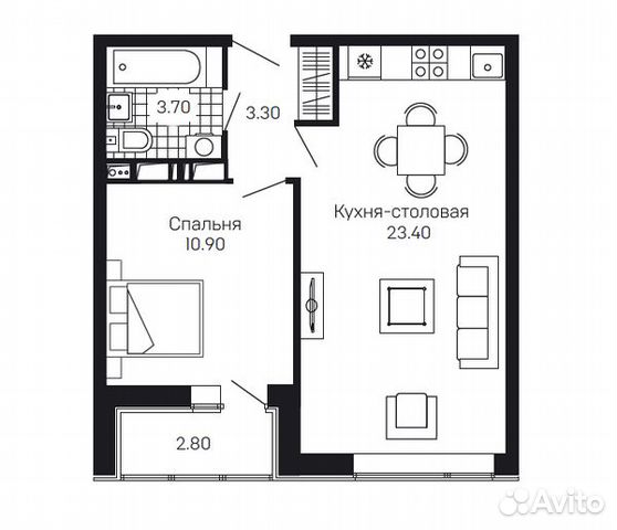 1-к квартира, 42.7 м², 6/12 эт.