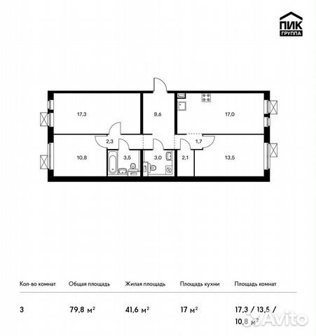 3-к квартира, 79.8 м², 7/15 эт.