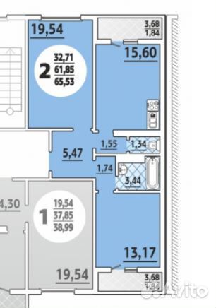 2-к квартира, 65.5 м², 10/16 эт.