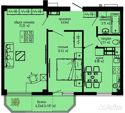 2-к квартира, 55.9 м², 5/10 эт.