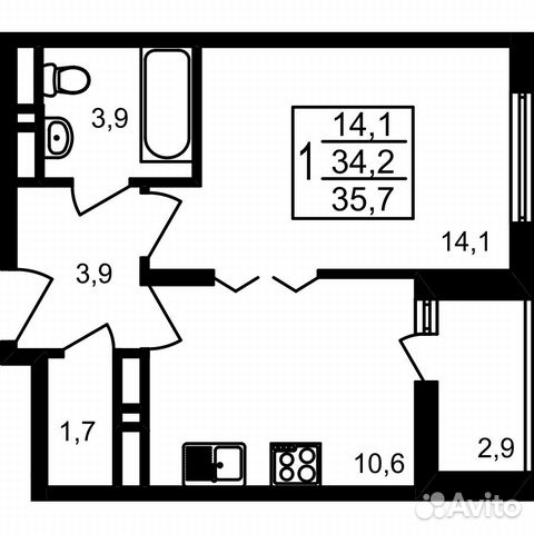 1-к квартира, 35.7 м², 16/17 эт.