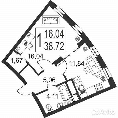 1-к квартира, 38.7 м², 2/18 эт. 1-к квартира, 38.7 м², 2/18 эт.