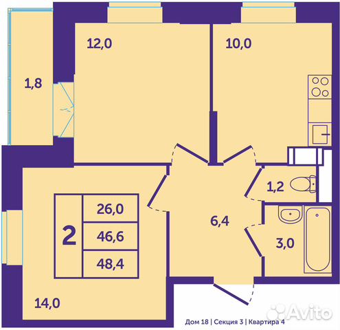 2-к квартира, 46.6 м², 3/10 эт. 2-к квартира, 46.6 м², 3/10 эт.