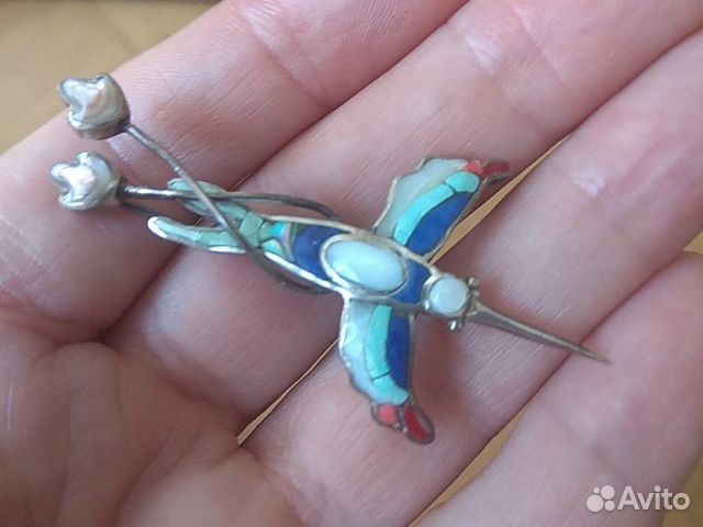 Брошь птица серебро эмаль перламутр