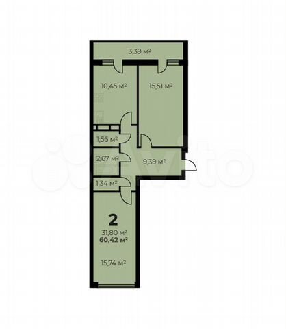 2-к. квартира, 60,4 м², 9/16 эт.