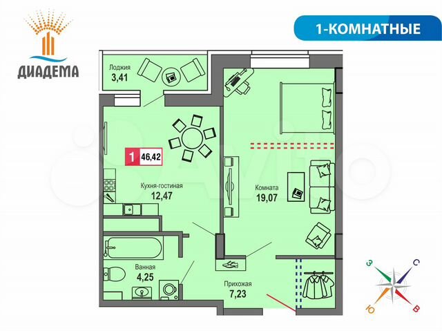 1-к. квартира, 46,4 м², 4/22 эт.