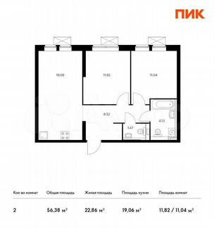 2-к квартира, 56.4 м², 11/24 эт.