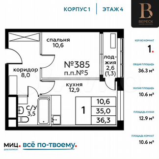 1-к квартира, 36.3 м², 4/20 эт.