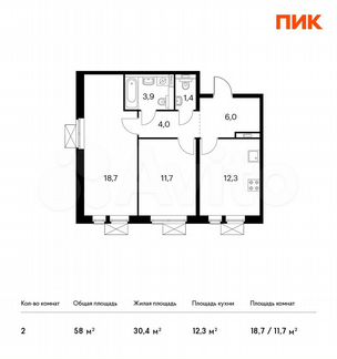 2-к квартира, 58 м², 6/17 эт.