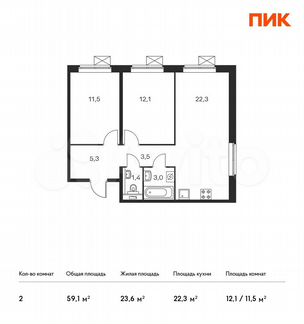 2-к квартира, 59.1 м², 10/25 эт.
