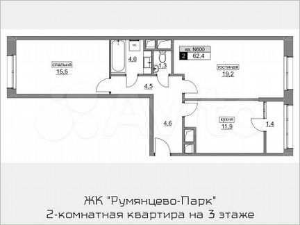 2-к квартира, 62.4 м², 3/22 эт.
