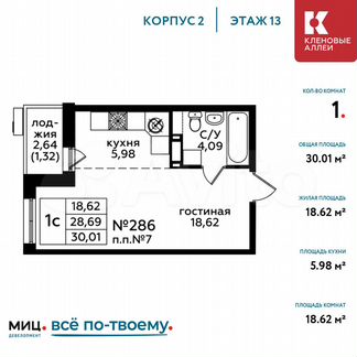 1-к квартира, 30 м², 13/17 эт.