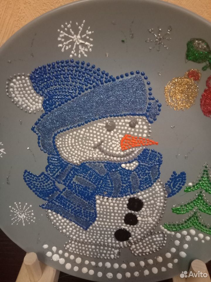 Декоративная тарелка ручной работы - Снеговик